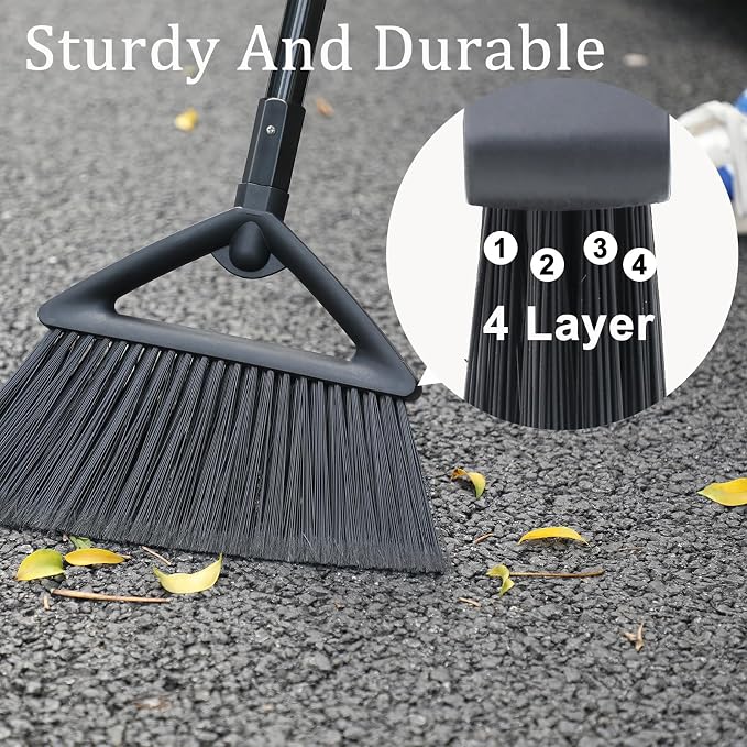 2PCS Heavy Duty Broom, Broom for Sweeeping Indoor and Outdoor, Angle Broom with Long Pole, Outdoor Broom for Courtyard/Garages/Slidewalk, Indoor Broom for Kitchen Lobby Canteen Black