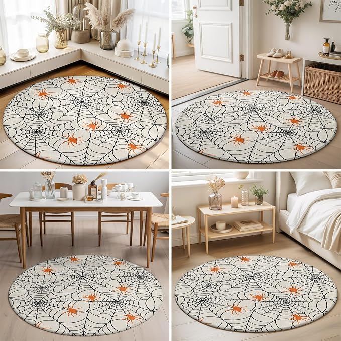 Round Area Rug 5', Halloween Washable Area Rugs for Living Room Kitchen Bedroom Nursery Dining Room, Black Net Classic Spiders Gingham Orange Rustic Non Slip Door Mat Indoor Floor Throw Circle Carpet