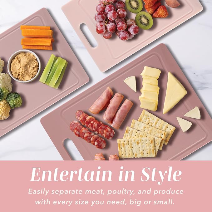 COOK WITH COLOR Non-Slip Cutting Board Set – Kitchen Essentials with Easy Grip Handle for Meat, Veggies, and Fruits, 4 Cutting Boards, Pink