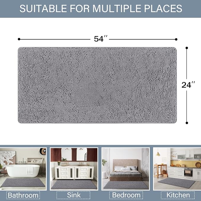 LOCHAS Luxury Bathroom Rug Shaggy Bath Mat 24 x 54 Inch, Gray | Washable Non Slip Bath Rugs for Bathroom Shower, Soft Plush Chenille Absorbent Carpets