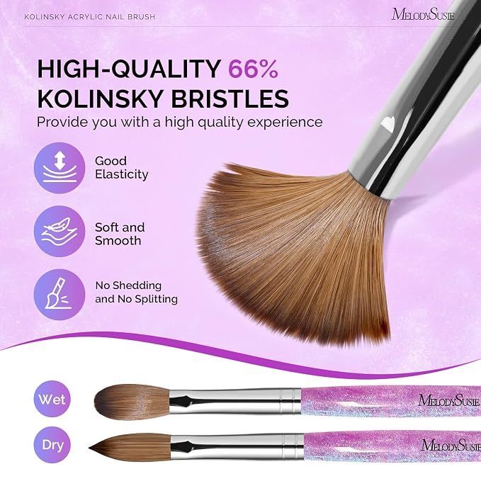 MelodySusie Kolinsky Acrylic Nail Brush,66% Kolinsky Hair Professional Nail Art Brush for Acrylic Application, Aurora Collection Fine Glitter Brush, Purple, Size 8