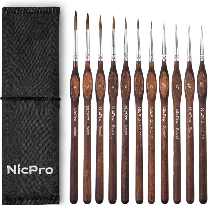 Nicpro 11 PCS Kolinsky Sable Miniature Paint Brushes, Professional Fine Detail Paint Brushes with Cloth Roll, Round Point Artist Brush Set for Miniatures, Acrylic & Figures, Model, Watercolor Details