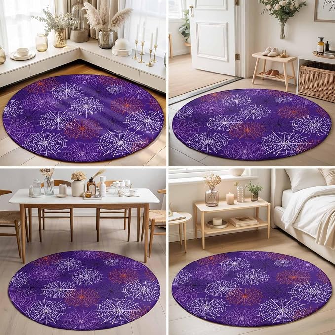 Round Area Rug 6', Purple Halloween Washable Area Rugs for Living Room Kitchen Bedroom Nursery Dining Room, Red Black White Net Halloween Non Slip Door Mat Indoor Floor Throw Circle Carpet