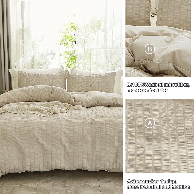 AveLom Beige Duvet Cover Queen Size, Textured Seersucker Duvet Cover Set, Soft Washed Microfiber with Zipper Closure and Corner Ties, 3 Pieces, 90" x 90" Duvet Cover & 2 Pillowcases
