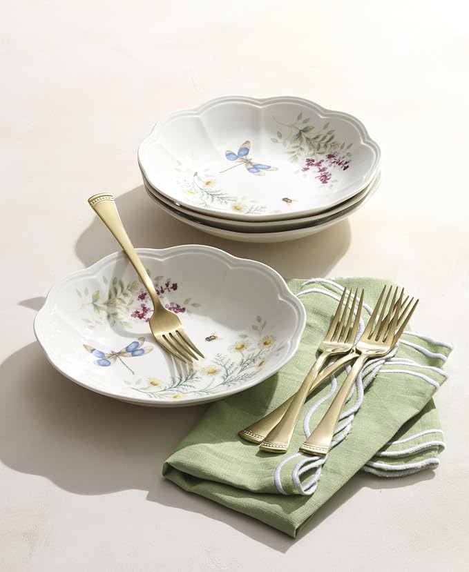 Lenox Butterfly Meadow Herbs Porcelain Pasta Bowl Set for 4, 26oz | Dishwasher safe, microwave safe | floral design | kitchen and dining essential | 1.75 inch, 26oz, gift for women