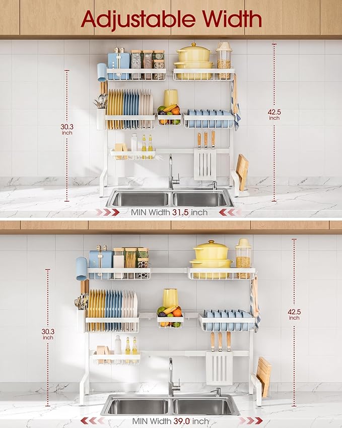 Sakugi Dish Drying Rack Over The Sink, Dish Drainer for Kitchen Counter | Stainless Steel Storage Organizer with Utensil Knife Holder & Hooks, Adjustable 11.8"Dx31.5"~39"Wx30"H, White
