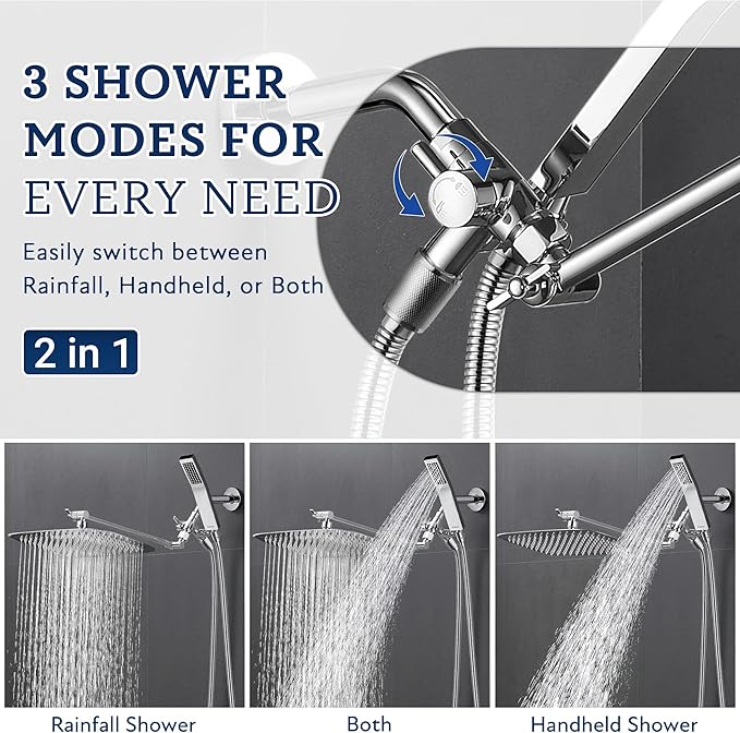 G-Promise All Metal 16 Inch Dual Square Shower Head with Handheld Spray Combo, Rain Shower Head, Adjustable Extension Arm, 3-Way Diverter, 71 Inch Extra Long Hose - A Bathroom Upgrade (Chrome)