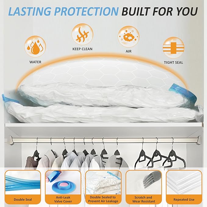 Cozy Essential Vacuum Storage Bags, 80% Compression Vacuum Seal Space Saver Plastic Packaging Bags for Clothes, Blankets, Pillow, Bedding, Comforters, Sealer Clothing Storage,12 Large