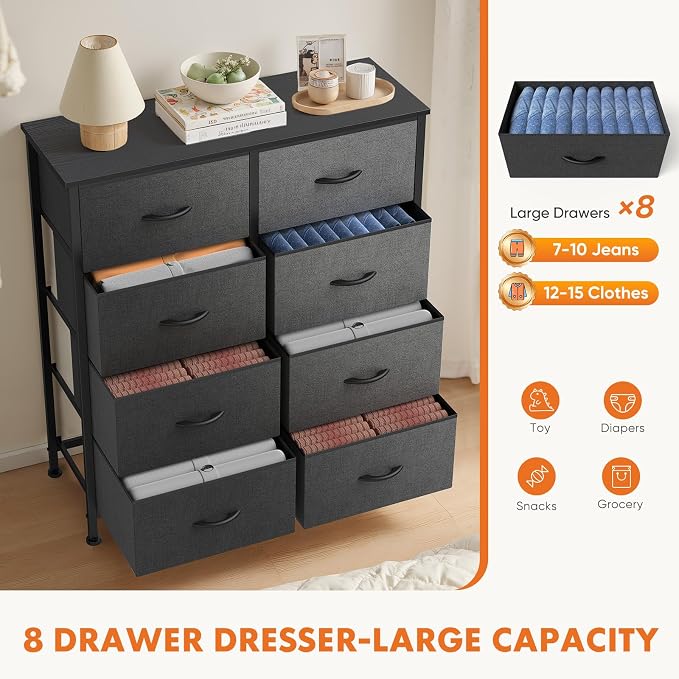 Sweetcrispy 8 Drawer Dresser with Fabric Bins Fabric Storage Tower Organizer for Bedroom Closet Hallway Entryway Tall Chest of Drawers with Steel Frame Wood Top Easy Pull Handles,Grey