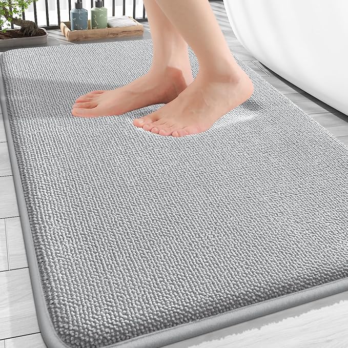 OLANLY Thick Memory Foam Bathroom Rug 34x21, Absorbent Bath Mat, Light Grey | Soft Quick Dry Bath Rugs Mats, Non-Slip, Machine Washable Carpet for Bathroom Floor, Tub and Shower, Home Decor Accessories