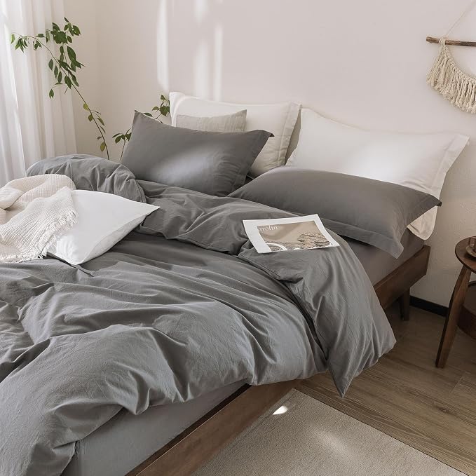 Dark Grey Duvet Cover California King Size Bedding Set Cover 100% Washed Cotton Duvet Cover with Zipper Closure and 2 Pillowcases, 104inch x 98inch