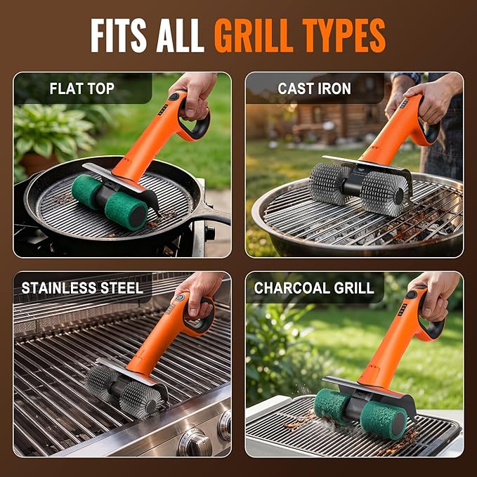 Electric Grill Brush, Cordless BBQ Grill Cleaner with Dual Rotating Heads, 450 RPM Motorized Grill Cleaning Brush with Forward & Reverse, LED Light, 6-Piece Replaceable Brush Set for Outdoor Grill