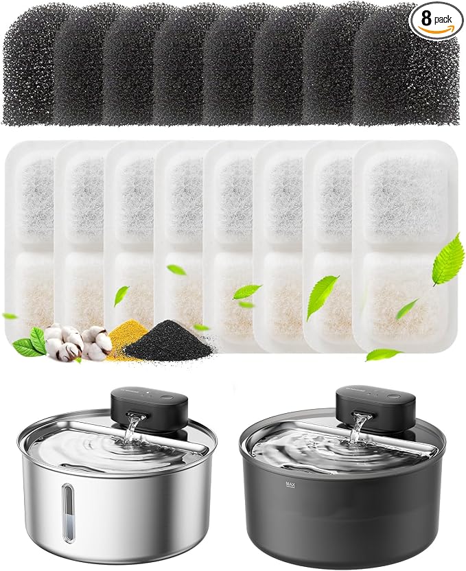 oneisall 8 Replacement Filters for 2.2L 3.2L Cordless Cat Fountain | 5-Layer Filtration,4 Months Set Replacement Filters and Sponges, White 8 Count (Pack of 1)