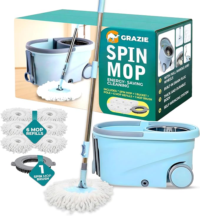 Grazie Spin Mop & Bucket Set - 360° Self-Wringing System with Wheels, Stainless Steel Handle - Hands-Free Floor Cleaning for Hardwood, Tile, Laminate - Includes 6 Washable Microfiber Mop Head Refills