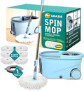 Grazie Spin Mop & Bucket Set - 360° Self-Wringing System with Wheels, Stainless Steel Handle - Hands-Free Floor Cleaning for Hardwood, Tile, Laminate - Includes 6 Washable Microfiber Mop Head Refills