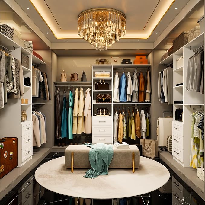 96 inch Closet System with Wooden Drawers, 5FT-8FT Closet Organizer System with Shelving Tower, Walkin Closet System with Expandable Hanging Rods & Movable Shelves, Wall Mount, 91.3”*14.8”*81”,White