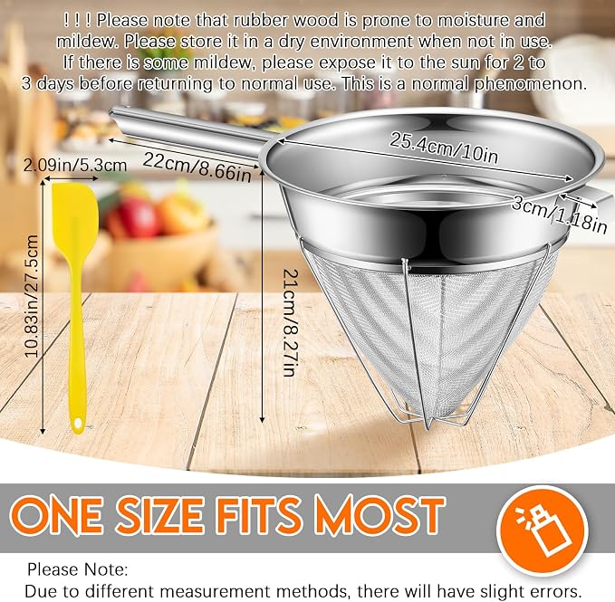 SiliFine 10 Inch Stainless Steel Reinforced Bouillon Sieve Strainer Cone Fine Mesh Strainer with Handle and Rubber Pestle for Kitchen Food Cooking