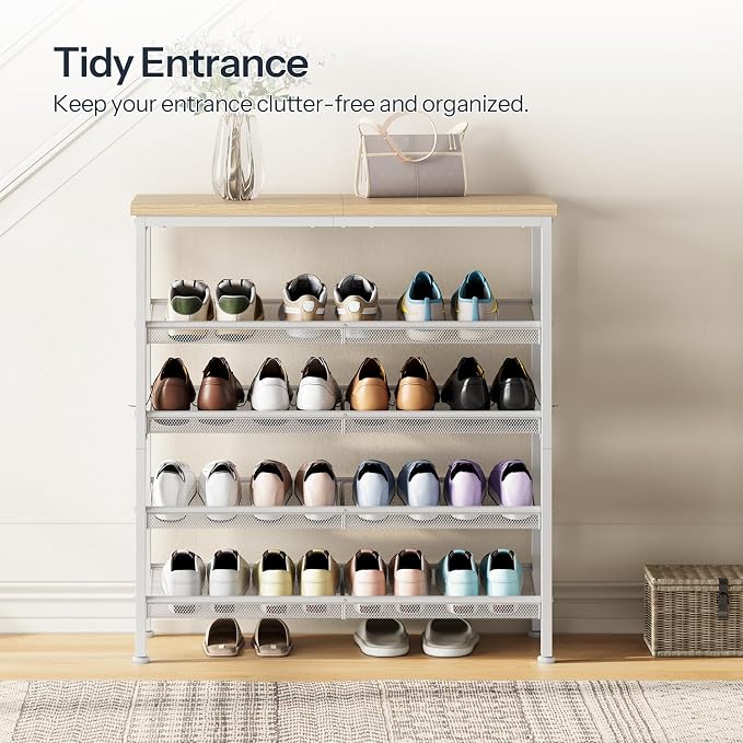 HOOBRO Shoe Rack for Entryway, 5-Tier Shoe Organizer with Adjustable Mesh Shelves, 12-16 Pairs of Shoes, Spacious Floor Mount, Metal, Industrial, Shoe Shelf for Closet, Natural and White WN12XJ01