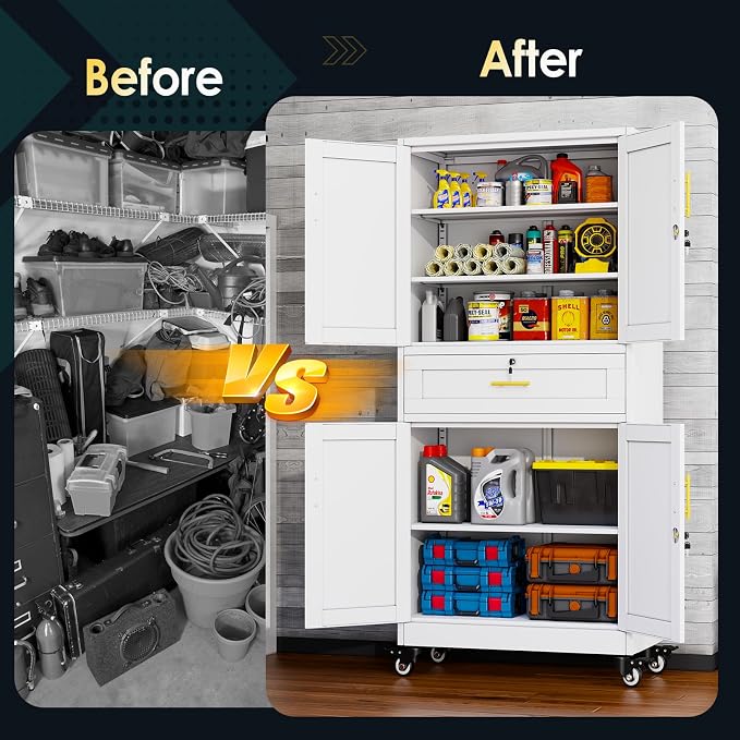 PAOFIN 74" H Metal Tall Storage Cabinet with Drawer | Garage Cabinet with Locking Doors and 3 Adjustable Shelves, Steel Cabinets for Garage, Home Office, White, Assembly Required
