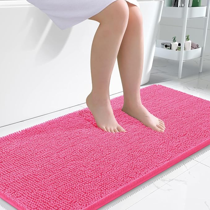 OLANLY Bathroom Runner Rugs 47x24, Soft Absorbent Chenille Bath Rugs, Rubber Backing Quick Dry, Machine Washable Long Bath Mats for Bathroom Floor, Tub and Shower, Home Decor Accessories, Hot Pink