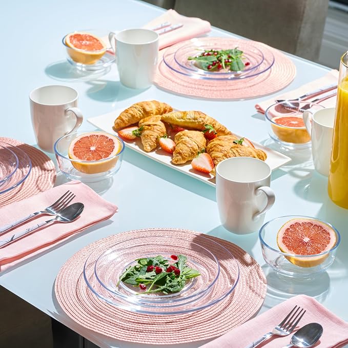12pc Glass Dinnerware Set - Sleek Round Clear Glass Plate and Bowl Sets - Dishwasher Safe, Bread & Butter Dinner, Dessert, Salad Plates & Serving Cereal Soup Bowls Dishes for Kitchen Dining & Parties