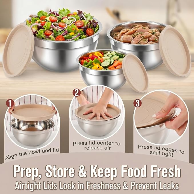 28PCS Mixing Bowls with Airtight Lids Set, Stainless Steel Nesting Prep Bowls with 7 Measuring Cups & 14 Measuring Spoons for Cooking, Baking, Serving, Food Storage, Size 5.5/3.5/2.5/2/1.4/1/0.62QT
