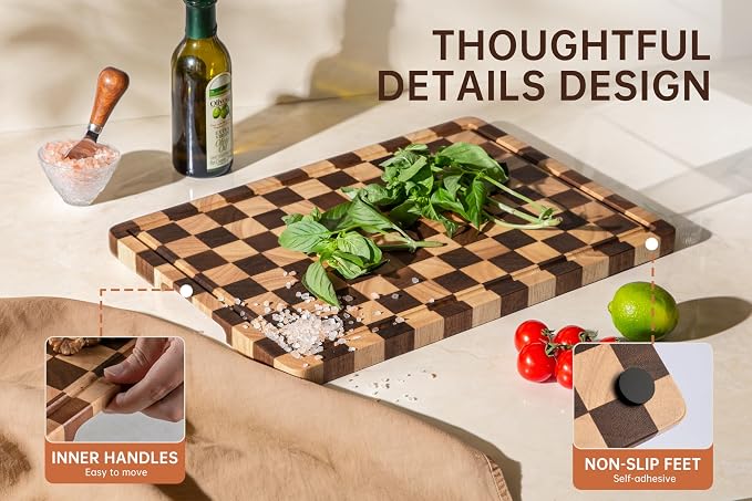 Checkered Cutting Boards for Kitchen, Wooden Chopping Board | Acacia Wood Cutting Board with Juice Grooves & Handles, Decorative Serving Tray with Gift Box, 16.5"x11.6"×0.8"
