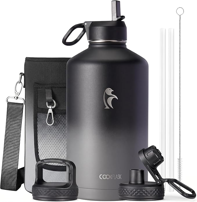 Coolflask 128 oz Gallon Water Bottle Insulated with Straw&3 Lids, Water Jug Large Stainless Steel Metal Vacuum Wide Mouth for Sports, Gym or Office, Non-BPA Keep Cold 48H Hot 24H, Piano Night