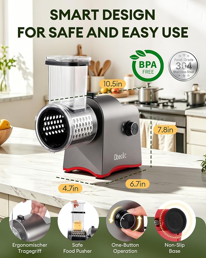 Upgraded 300W Electric Cheese Grater with 5 Stainless Steel Blades, Cheese Shredder Electric for Slicing, Shredding & Grinding Vegetables, Fruits and Nuts,Easy One-Touch