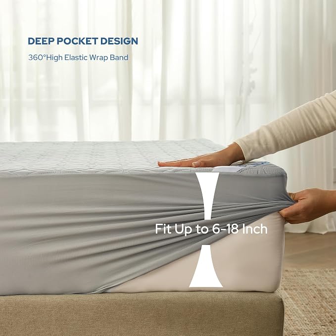 BEDLORE Waterproof Mattress Protector, King Size Mattress Pad with Deep Pocket 6"-18" Depth, Soft Dirt-Proof Double Bed Mattress Cover for Bedroom, College Dorm, Hotel (Light Gray)