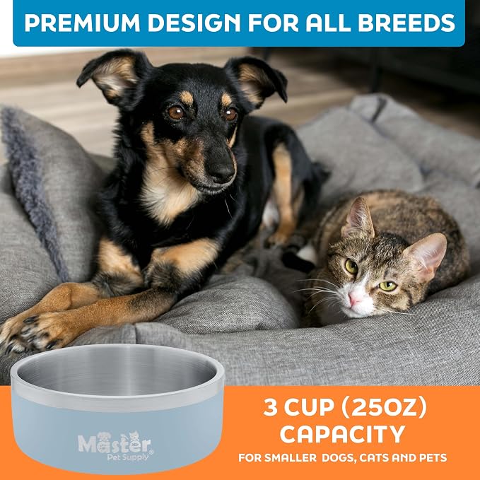 Master Pet Supply Stainless Steel Dog Bowls - 25 oz, Heavy Duty - Glacier Blue, Double Wall Extra-Thick Insulated, Non-Slip Pet Water Bowl for Dogs, Cats & Pets, Anti Rust Metal, Dish Washer Safe