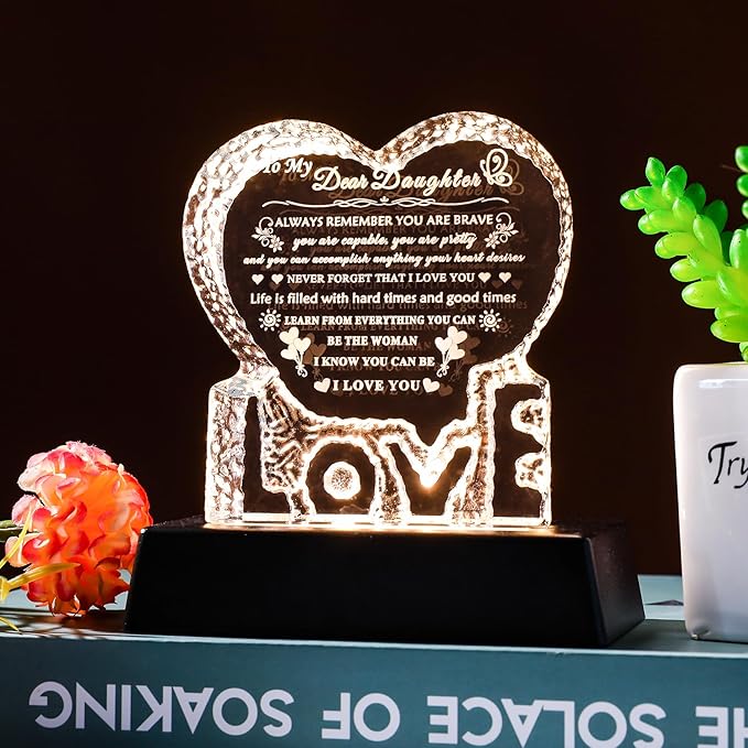 YWHL Daughter Gifts from Mom Dad with Colorful Light Base Birthday Gifts for Daughter Adult Crystal Heart Keepsake Meaningful Present for Daughters on Christmas Valentines Graduation