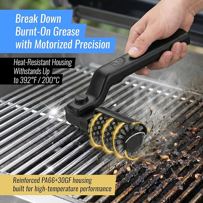 Electric Grill Brush Cleaner for BBQ Outdoor Grill - Motorized Rotary Automatic Spin Scrubber with Stainless Steel Head - Cordless Rechargeable Power Tool 3 Speed Cleaning Barbecue Grills