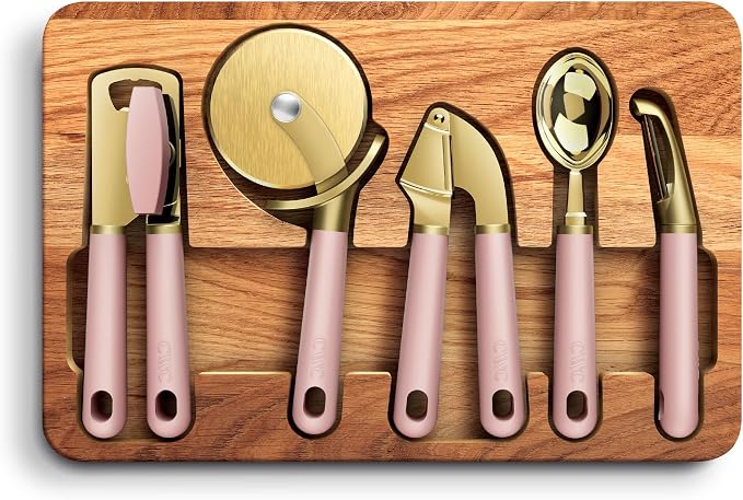 COOK WITH COLOR 6-Piece Kitchen Tool Set with Acacia Wood Cutting Board, Can Opener, Pizza Cutter, Garlic Press, Scoop & Peeler, Pink