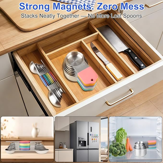 Magnetic Measuring Cups & Spoons Set, Strong N45 Magnets, Heavy Duty 304 Stainless Steel Fits in Spice Jars for Baking & Cooking, BPA Free, Round Set of 15 with Leveler, Light Colorful