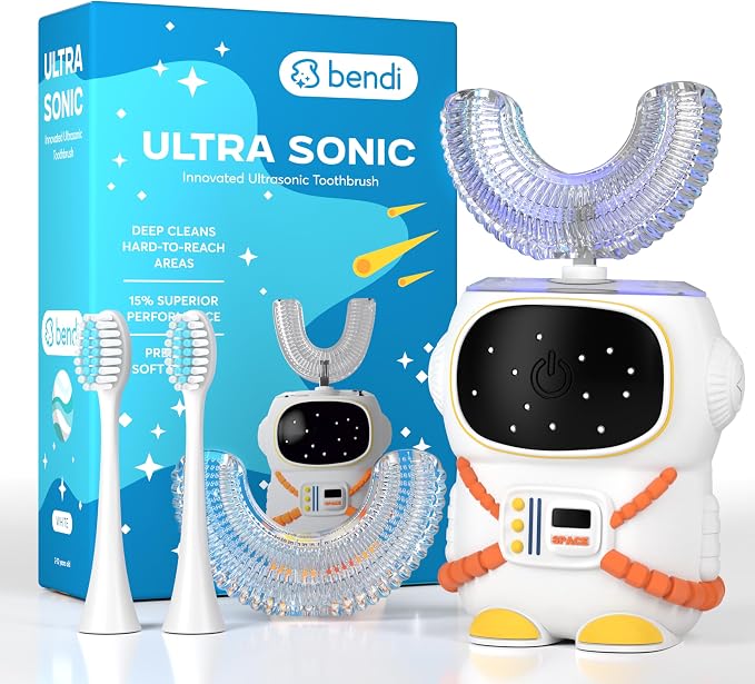 Bendi Kids Toothbrush, U-Shaped Electric Sensory Design, Ages 2-7, White | Sensory-friendly design, self-brushing 5 modes, 360 whole mouth clean, toddler & kids 2-7, astronaut mouthguard, multi heads