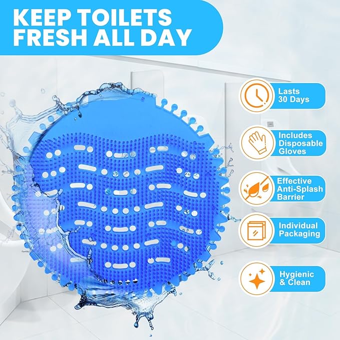 96 Pack Urinal Deodorizer Screen with 100 Gloves, 3D Wave Anti-Splash Odor Protection Urinal Cakes for Men Toilets Dry Wet Urinal Deodorant Bathroom Office Mall Hotel Four Scents Urinal Mats