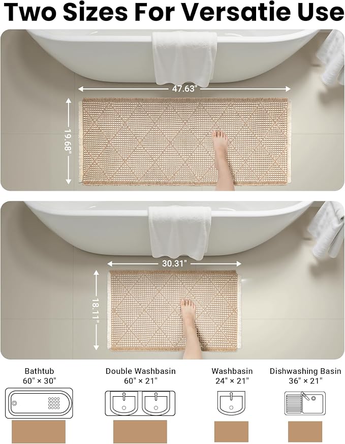 Furicher Waffle Bath Mat Set, Non Slip Bathroom Rugs Sets 2 Piece, Ultra Absorbent Long Bath Rug Runner for Bathroom Boho Chic Decor, Machine Washable Floor Mats, Brown & White, 20"×47" Plus 18"×30"