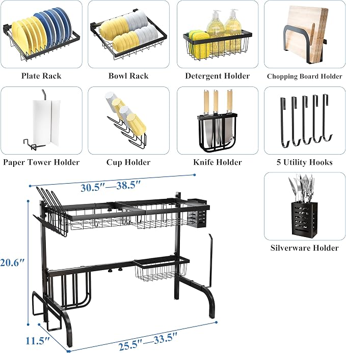 Over The Sink Dish Drying Rack, Adjustable 25.5-33.5 in, 2-Tier, Black | All-in-One Large Capacity, Snap-On Design for Flexible Use, Strong Metal Frame, Non-Slip Feet, Fits Sinks Up to 33" W