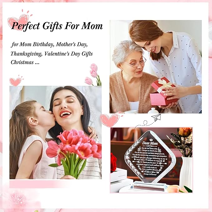 Movdyka Gifts for Mom, Crystal Engraved Keepsakes Plaque, Mom Gifts from Daughter Son Best Birthday Gifts for Mom Mothers Day Valentines Gifts for My Mom Christmas Anniversary Presents for Mother