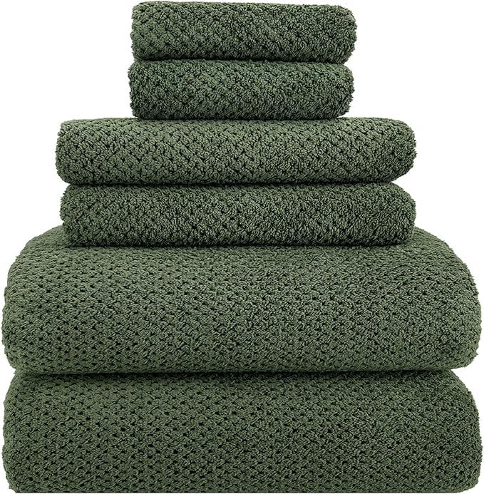 YTYC 29x59 Bath Towels Set,Towels for Bathroom,Olive Green,6-Pieces | 2 Large Bath towels,2 Hand towels (14x29"),2 Washcloth (13x13"),Super Soft,Highly absorbent,Hanging Loop,80%Polyester