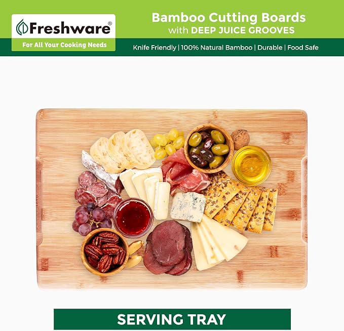 Freshware Freshware Bamboo Cutting Boards for Kitchen with Juice Groove [Set of 2] Wood Cutting Board for Chopping Meat, Vegetables, Fruits, Cheese, Knife Friendly Serving Tray with Handles