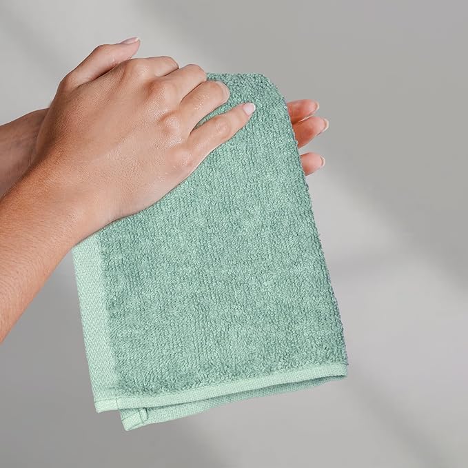 Amazon Basics Washcloth for Bathroom, 100% Cotton Extra Absorbent, Fast Drying - Salon Towels - Seafoam Green, 12 x 12 inches (Pack of 144)