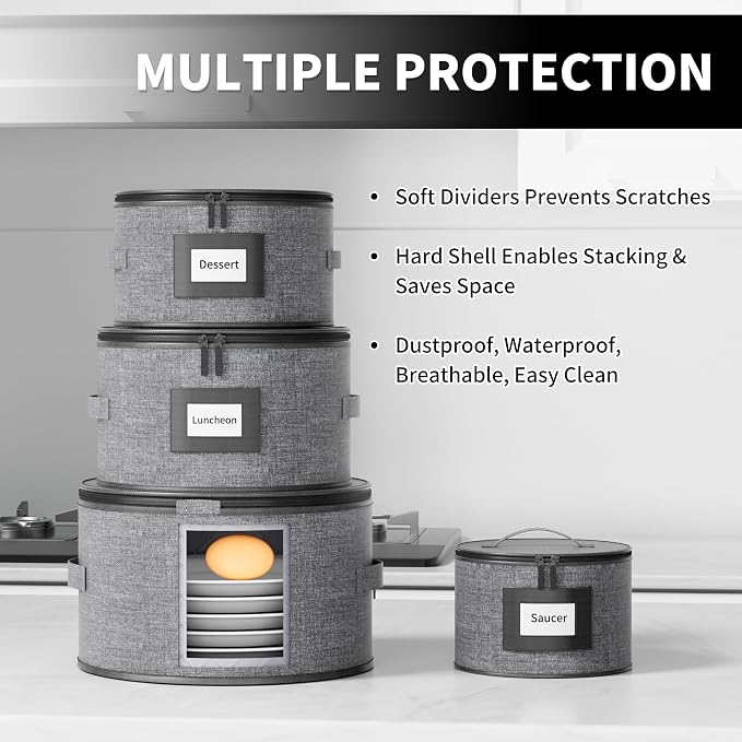 Aokeyee 4-Piece Plate Storage Set, Hard-Shell Dinnerware Organizer, Grey | With 48 Soft Felt Dividers for Saucer, Dessert, Salad and Dinner Plates, Dual Zippers, Handles, Stackable, Moving & Storage