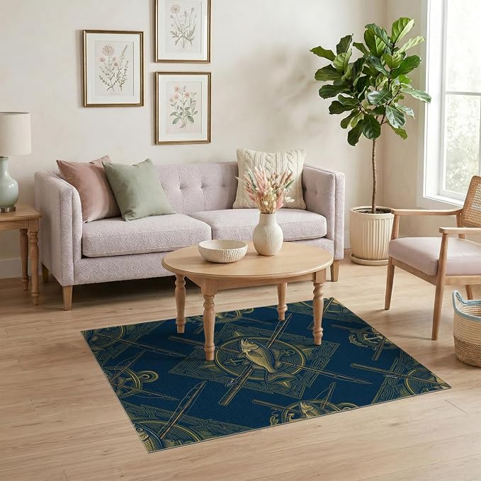 4'x6' Washable Area Rug Bass Nautical Wildlife Icons Lure Tackle Motif Border Fish Fishing Refined Pet Friendly & Non-Slip for Playroom, Bedroom, Reading Nook