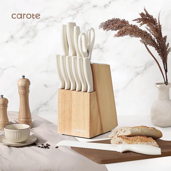 CAROTE 15-Piece Knife Set, Wood Block with Built-In Sharpener, Cream | Stainless Steel Knives, Ceramic Nonstick Coating, Long-Lasting Sharpness, Rust-Resistant, Non-Slip Handles, Dishwasher Safe