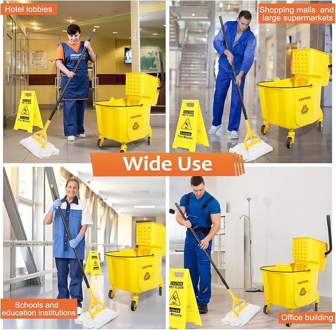 38 Qt Commercial Bucket with Side Press Wringer on Wheels, Yellow Industrial Set for Floor Cleaning, Including 1 Industrial Mop and Wet Floor Caution Sign, Beyoco
