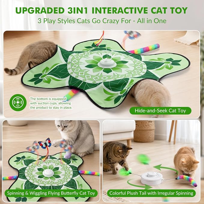 Wortade Interactive Cat Toys for Indoor Cats Rechargeable, Moving Concealed Wand Feather, Automatic Fluttering Butterfly Cat Stimulation Toys for Indoor Cats, Hide and Seek Kitten Toy (Green)
