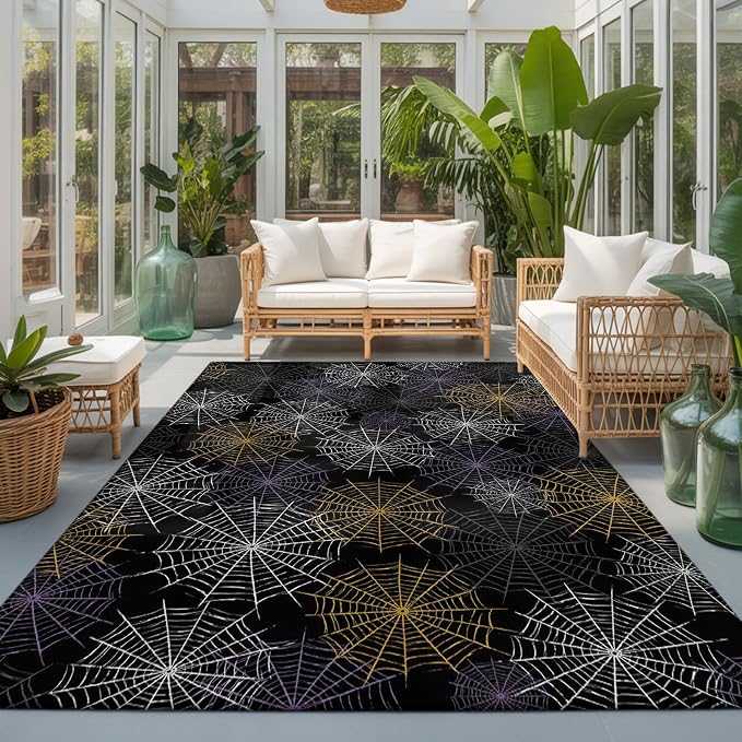 Area Rug 3'x5', Black Halloween Washable Large Area Rugs for Kitchen Bedroom Laundry Bathroom Office, Purple White Yellow Net Classic Black Non Slip Door Mat Indoor Entryway Floor Accent Throw Carpet