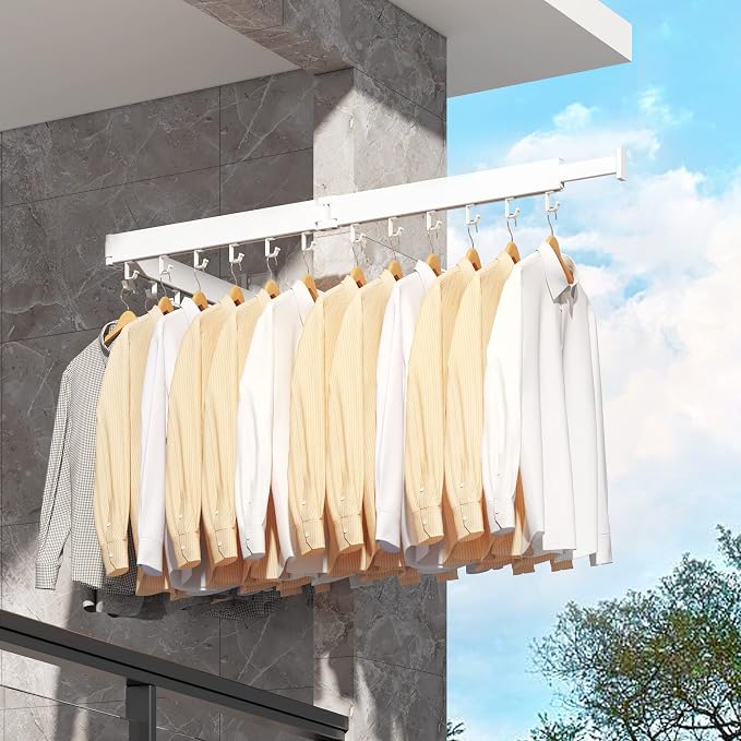 Clothes Drying Rack,Laundry Drying rack,Wall Mounted Clothes Rack,Clothes Hanging Rack,Laundry Rack Wall Mount,Folding Retractable Collapsible Drying Rack Clothing (Three-Poles,J Hooks,White)